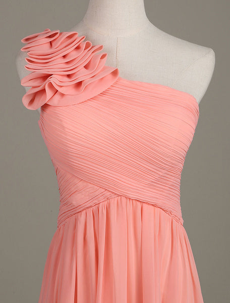 Blush Chiffon One Shoulder Ruffled Zipper A Line Long Wedding Party Bridesmaid Dress