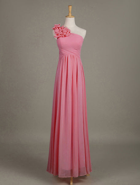 Blush Chiffon One Shoulder Ruffled Zipper A Line Long Wedding Party Bridesmaid Dress