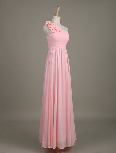 Blush Chiffon One Shoulder Ruffled Zipper A Line Long Wedding Party Bridesmaid Dress