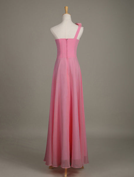 Blush Chiffon One Shoulder Ruffled Zipper A Line Long Wedding Party Bridesmaid Dress
