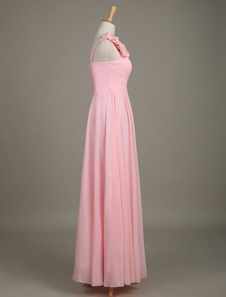 Blush Chiffon One Shoulder Ruffled Zipper A Line Long Wedding Party Bridesmaid Dress