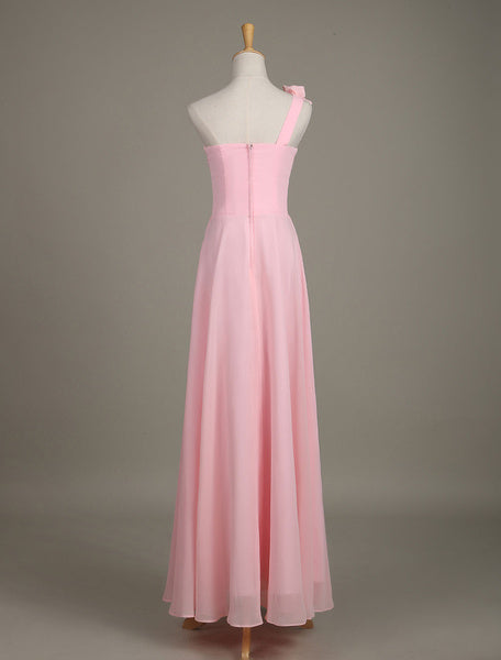 Blush Chiffon One Shoulder Ruffled Zipper A Line Long Wedding Party Bridesmaid Dress