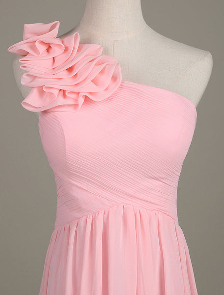 Blush Chiffon One Shoulder Ruffled Zipper A Line Long Wedding Party Bridesmaid Dress