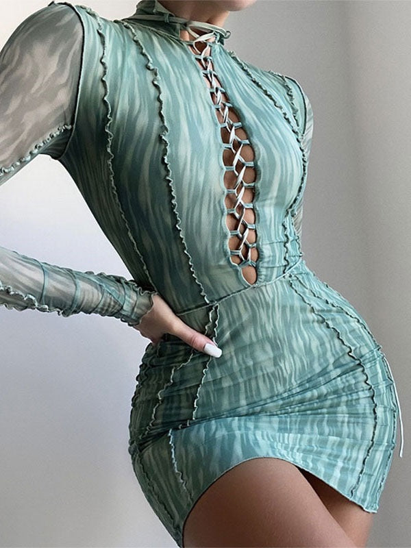 Bodycon Dress Jewel Neck Polyester Lace Up Stretch Short Dress