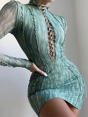 Bodycon Dress Jewel Neck Polyester Lace Up Stretch Short Dress
