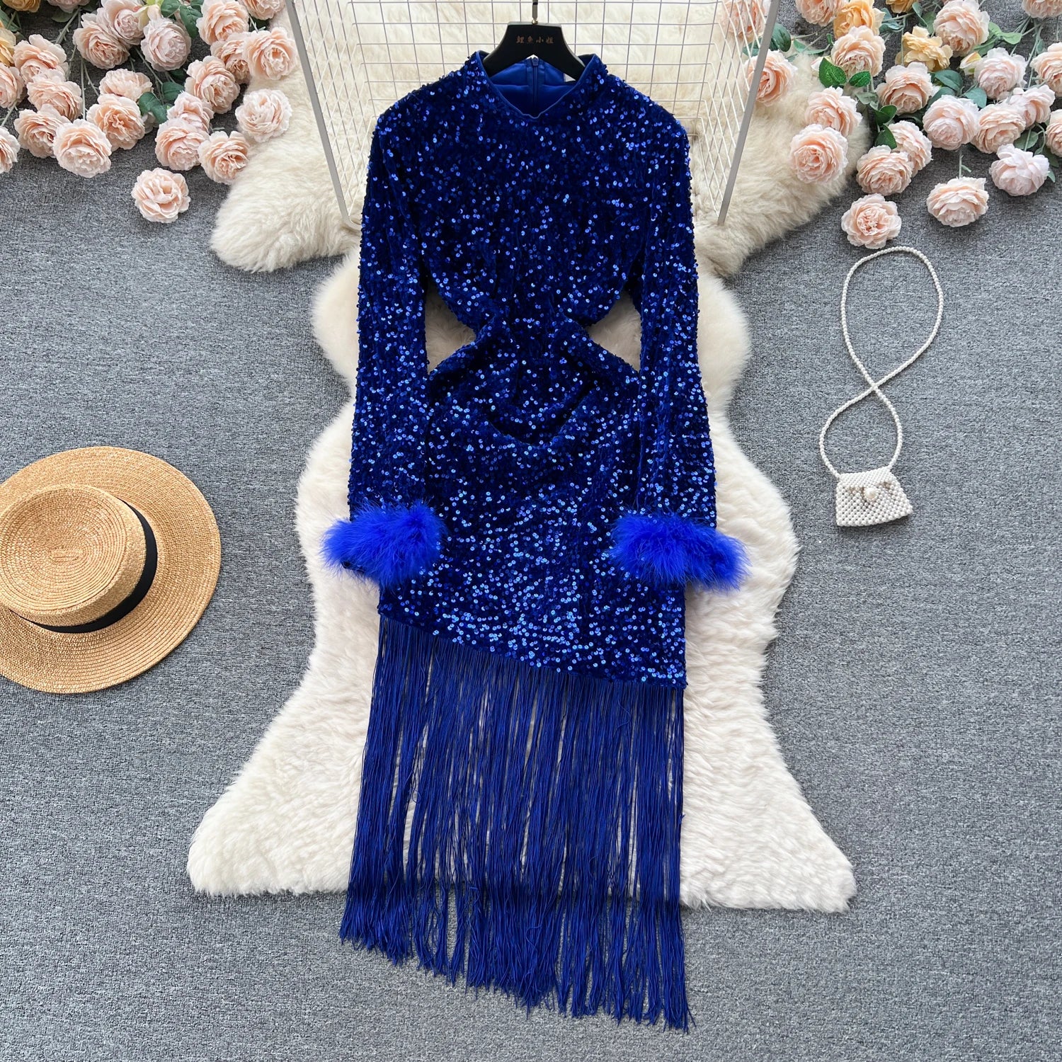 Bodycon Dress Women Feather Long Sleeve Sequin Female Ladies Sheath