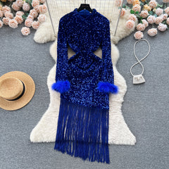 Bodycon Dress Women Feather Long Sleeve Sequin Female Ladies Sheath