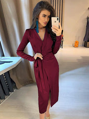 Bodycon Dresses Lace Up Stretch Casual Long Sleeves Pencil Dress