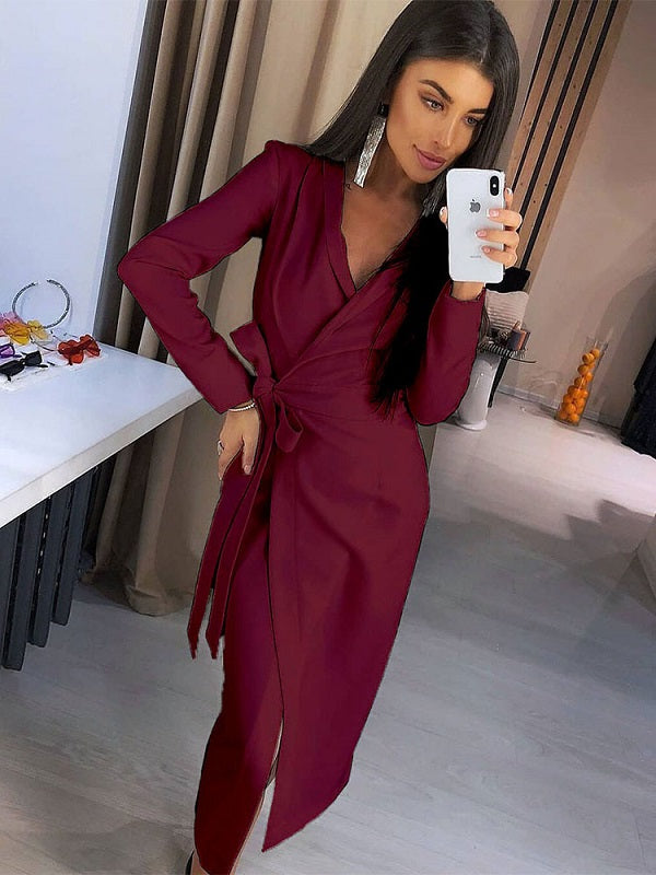 Bodycon Dresses Lace Up Stretch Casual Long Sleeves Pencil Dress
