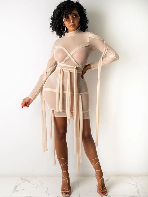 Bodycon Dresses Long Sleeves High Collar Layered Sheath Dress