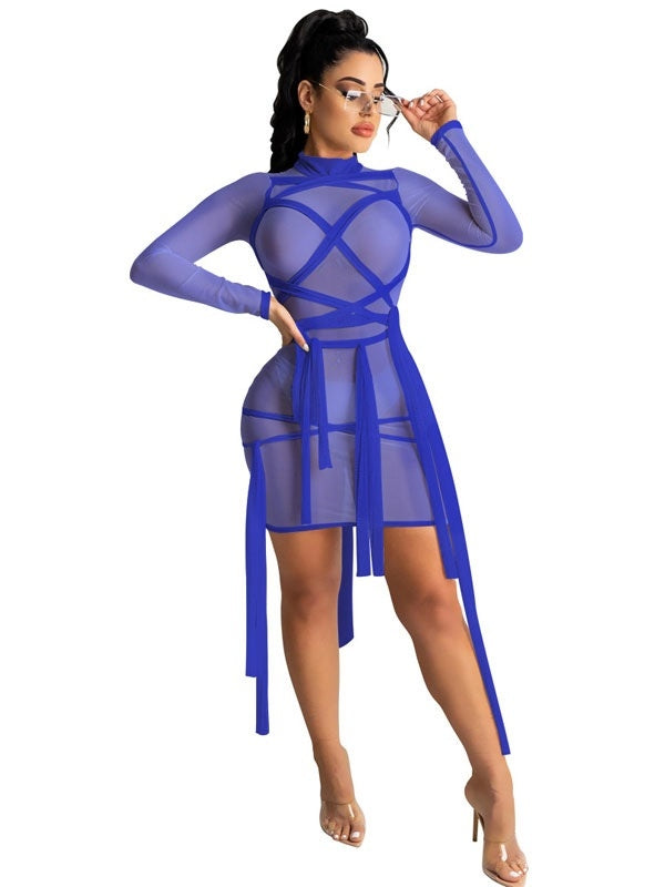 Bodycon Dresses Long Sleeves High Collar Layered Sheath Dress