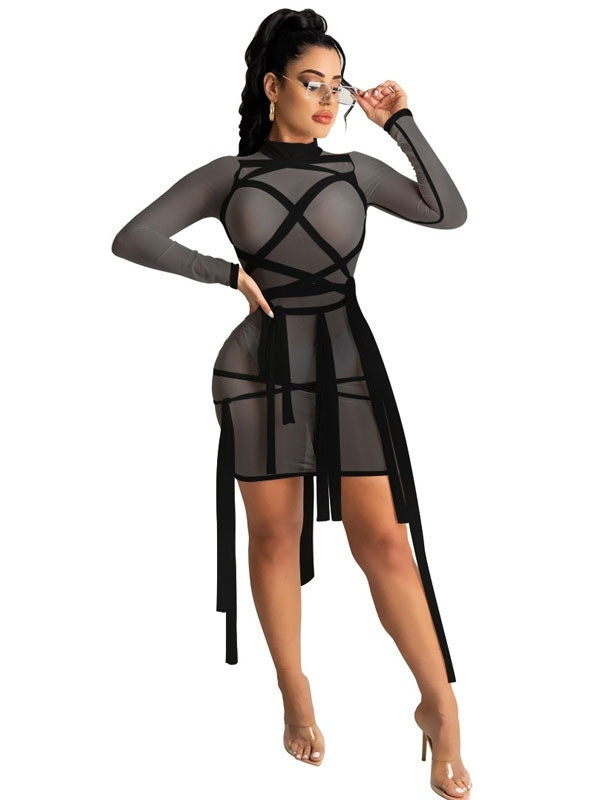 Bodycon Dresses Long Sleeves High Collar Layered Sheath Dress