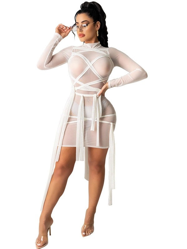 Bodycon Dresses Long Sleeves High Collar Layered Sheath Dress