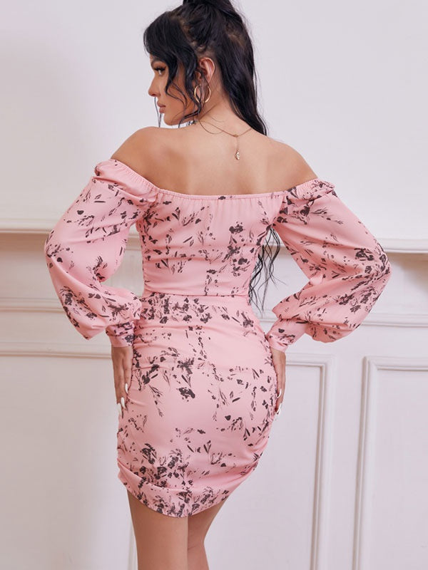 Casual Long Sleeves Pleated Square Neck Mini Bodycon Dress