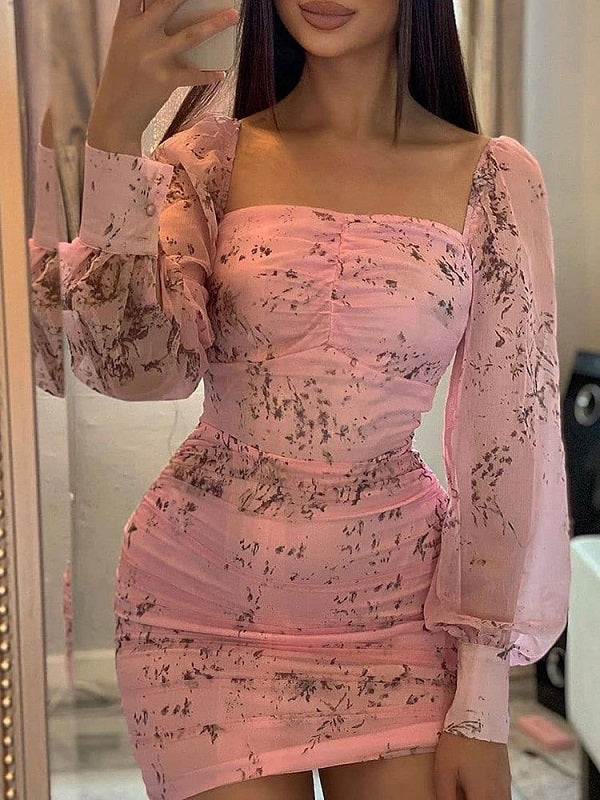 Casual Long Sleeves Pleated Square Neck Mini Bodycon Dress