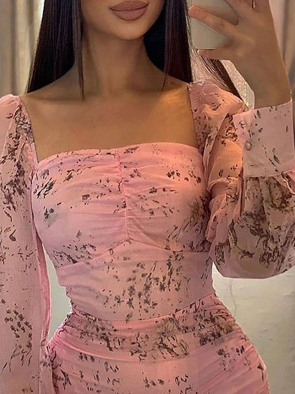 Casual Long Sleeves Pleated Square Neck Mini Bodycon Dress