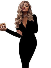 Bodycon Dresses Long Sleeves V-Neck Midi Dress Sheath Dress
