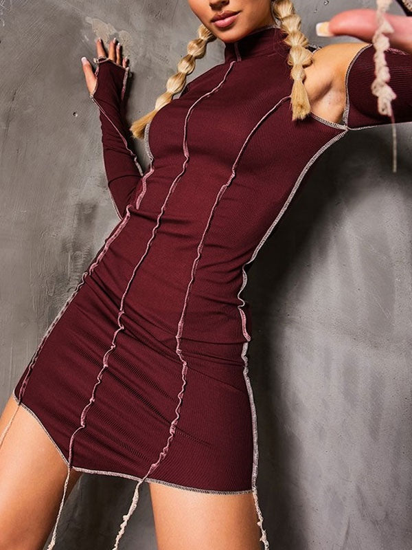 Bodycon Dresses Piping Stretch Long Sleeves Pencil Dress
