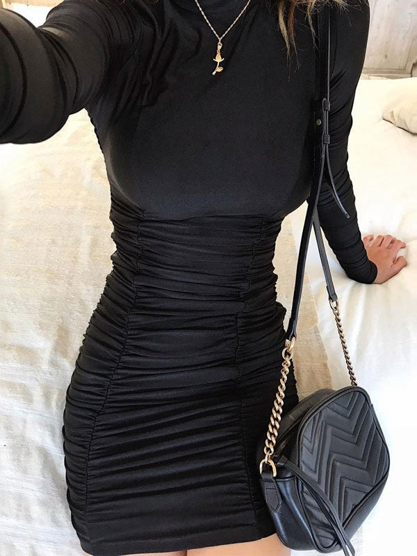 Bodycon Dresses Pleated High Collar Slim Fit Dress Sheath Dress