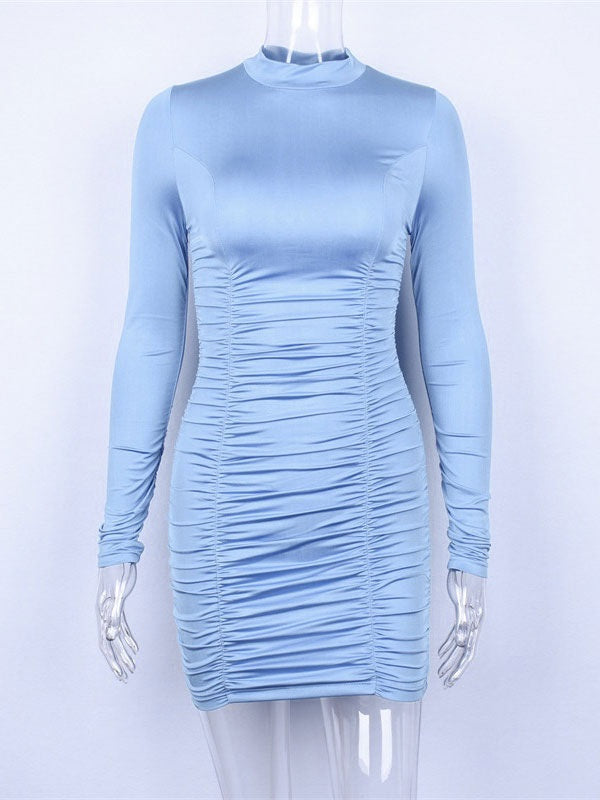 Bodycon Dresses Pleated High Collar Slim Fit Dress Sheath Dress