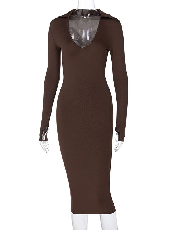 Bodycon Dresses Turndown Collar Long Sleeves Lycra Pencil Dress