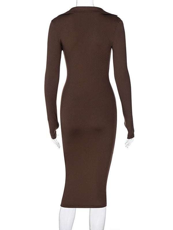 Bodycon Dresses Turndown Collar Long Sleeves Lycra Pencil Dress