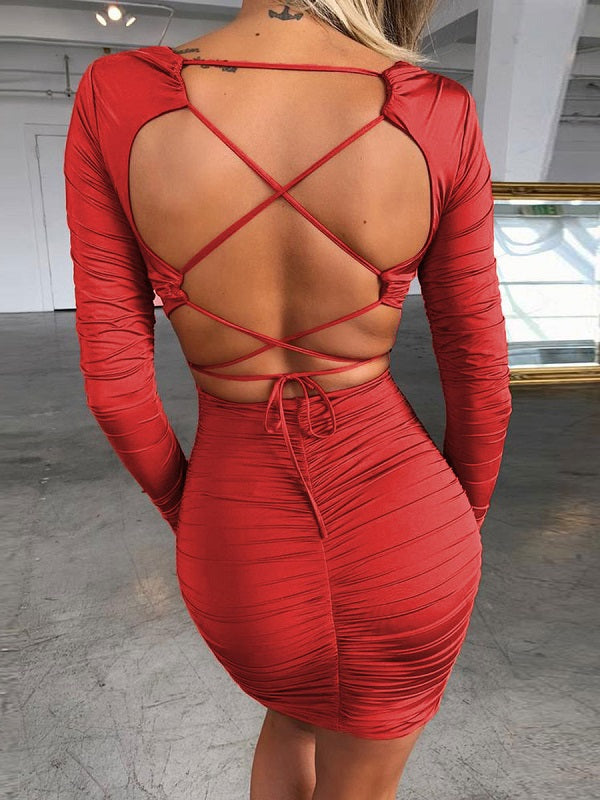 Bodycon Dresses V-Neck Backless Long Sleeves Pencil Dress