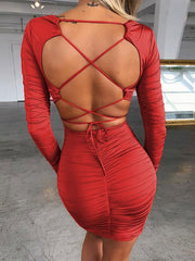 Bodycon Dresses V-Neck Backless Long Sleeves Pencil Dress