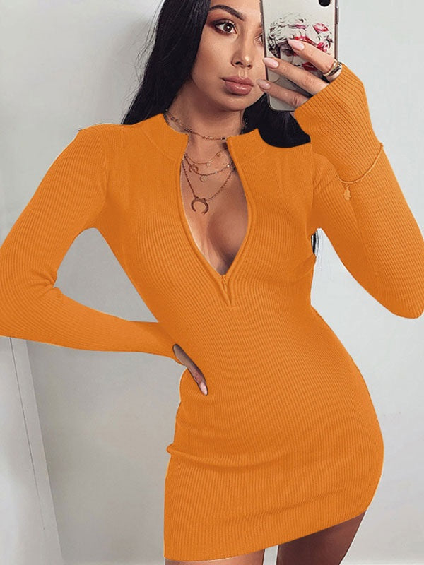 Bodycon Dresses Zipper Casual Long Sleeves Midi Pencil Dress