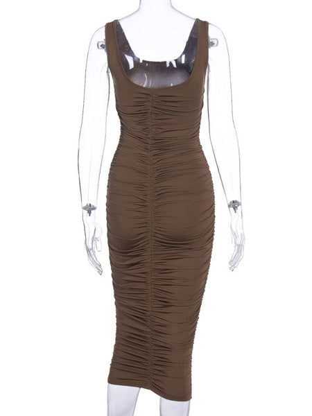 Jewel Neck Pleated Sleeveless Formal Evening Bodycon Pencil Dress