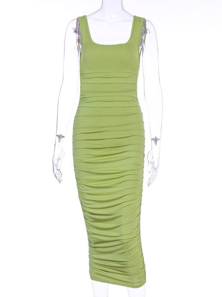 Jewel Neck Pleated Sleeveless Formal Evening Bodycon Pencil Dress