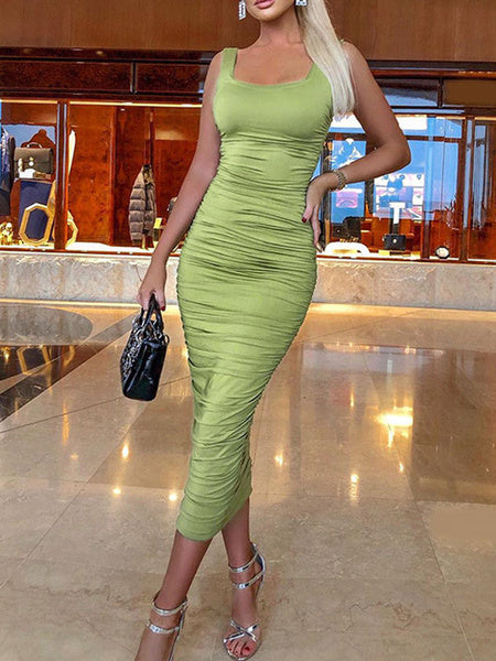 Jewel Neck Pleated Sleeveless Formal Evening Bodycon Pencil Dress