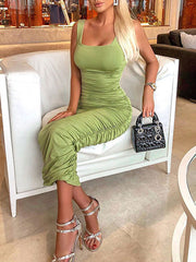 Jewel Neck Pleated Sleeveless Formal Evening Bodycon Pencil Dress