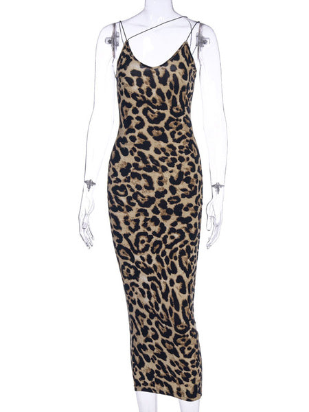 Leopard Print Sleeveless Backless Sheath Bodycon Dress