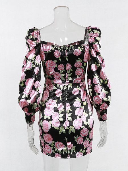 Printed V-Neck Pleated Long Sleeves Pencil Bodycon Dress