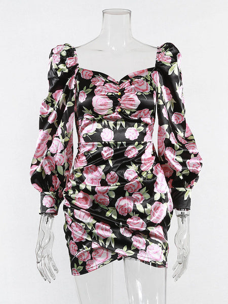 Printed V-Neck Pleated Long Sleeves Pencil Bodycon Dress