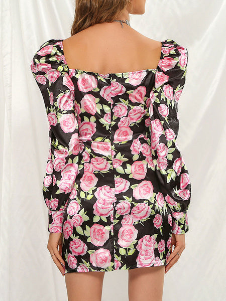 Printed V-Neck Pleated Long Sleeves Pencil Bodycon Dress