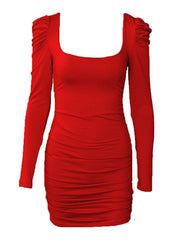 Bodycon Square Neck Long Sleeve Ruched Short Dress