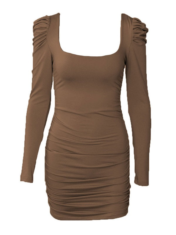 Bodycon Square Neck Long Sleeve Ruched Short Dress