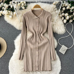 Bodycon Turndown-Collar Long Sleeves Sweater Dress