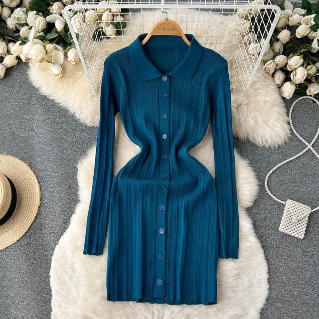 Bodycon Turndown-Collar Long Sleeves Sweater Dress