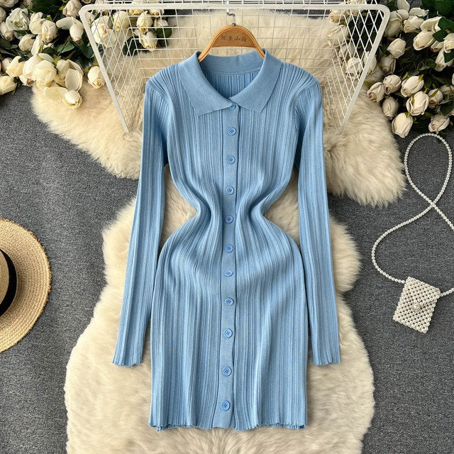 Bodycon Turndown-Collar Long Sleeves Sweater Dress