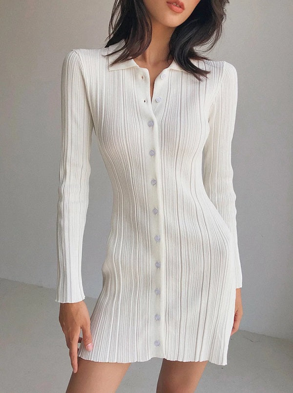 Bodycon Turndown-Collar Long Sleeves Sweater Dress