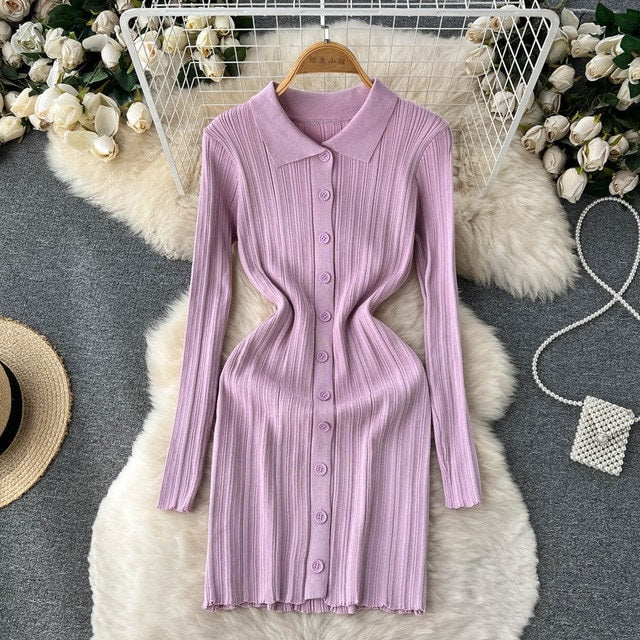 Bodycon Turndown-Collar Long Sleeves Sweater Dress