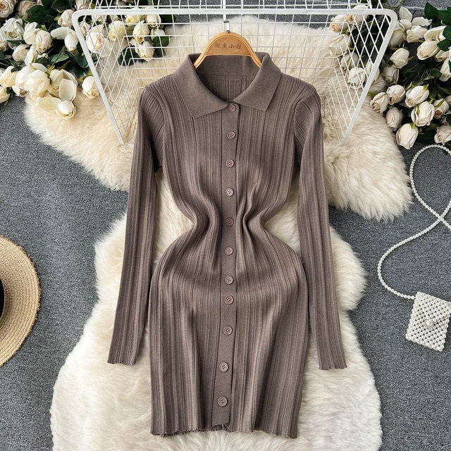 Bodycon Turndown-Collar Long Sleeves Sweater Dress