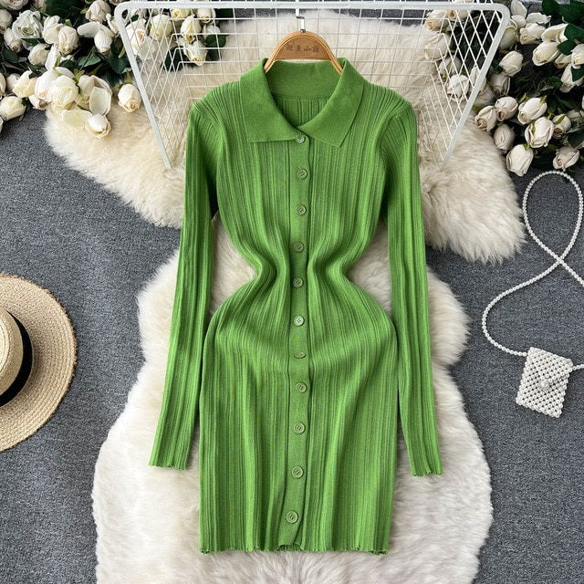 Bodycon Turndown-Collar Long Sleeves Sweater Dress
