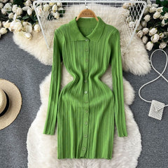 Bodycon Turndown-Collar Long Sleeves Sweater Dress
