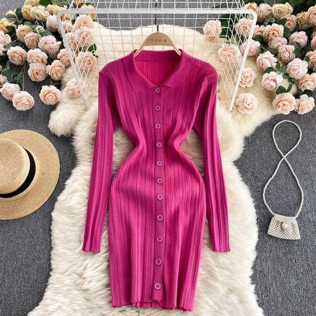 Bodycon Turndown-Collar Long Sleeves Sweater Dress