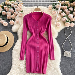 Bodycon Turndown-Collar Long Sleeves Sweater Dress