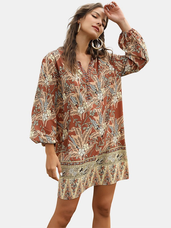 Bohemia Retro Floral Print Long Sleeves V-neck Casual Dress
